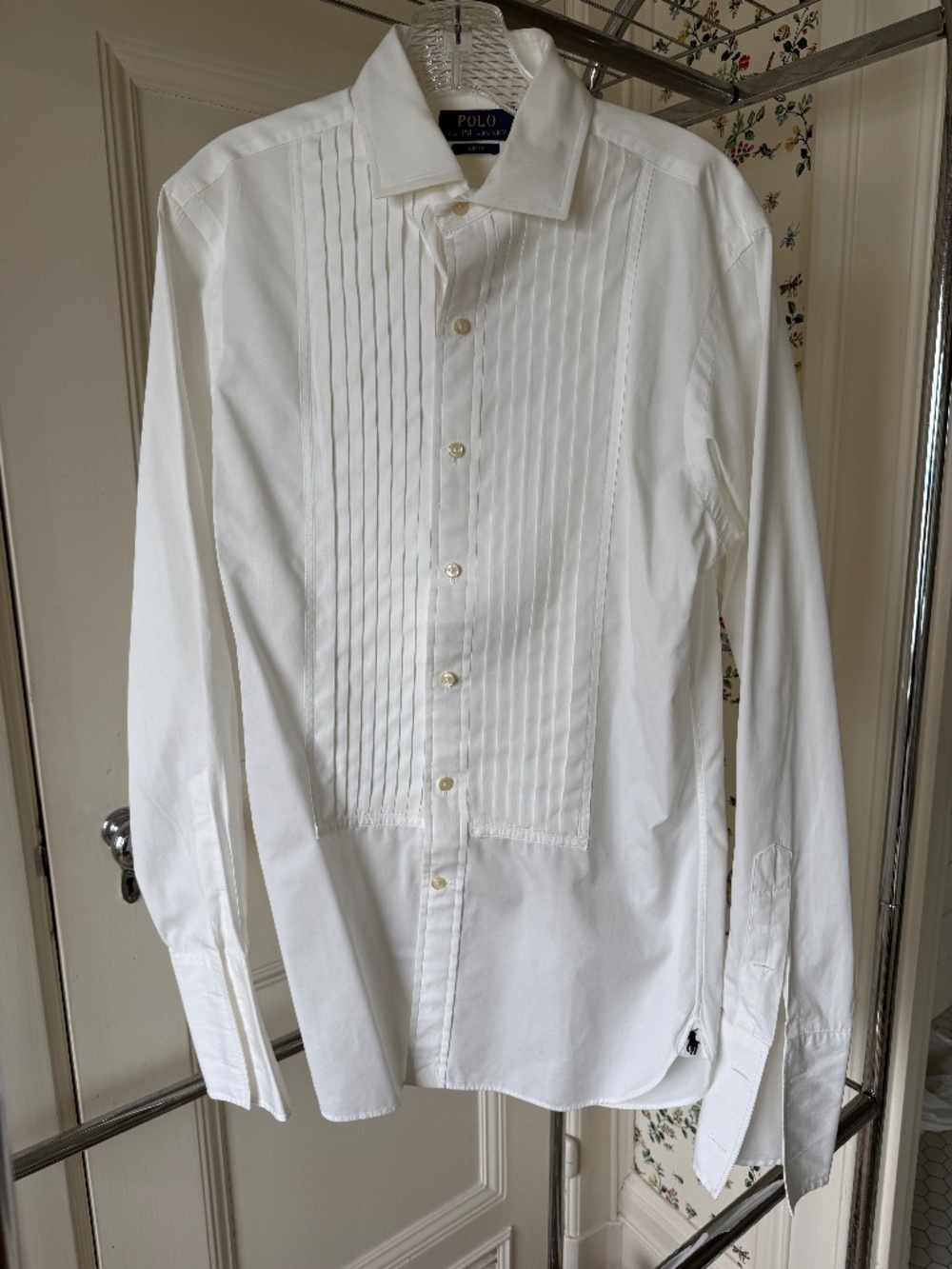 Polo Ralph Lauren White Pleated Front Tuxedo Dress Shirt Black Pony Logo Sz15/38 - Picture 1 of 5